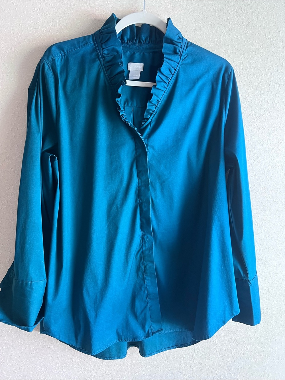 Chico's Teal Ruffle Collar Button-Down Blouse